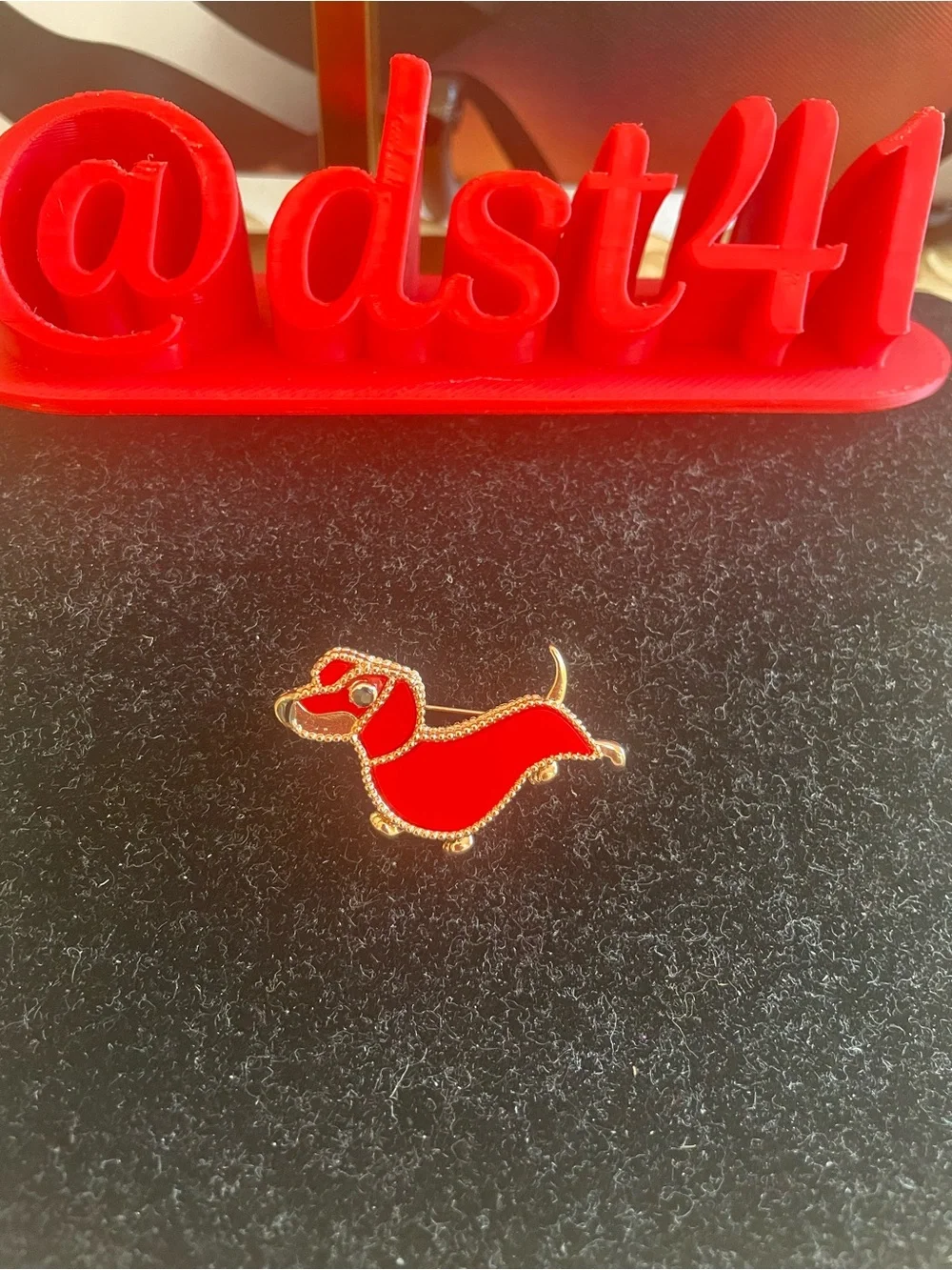 NWOT-Red Dachshund Dog Brooch - Gold Trim
